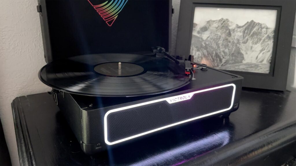 The Victrola Journey Glow Fits Neatly on a small dresser
