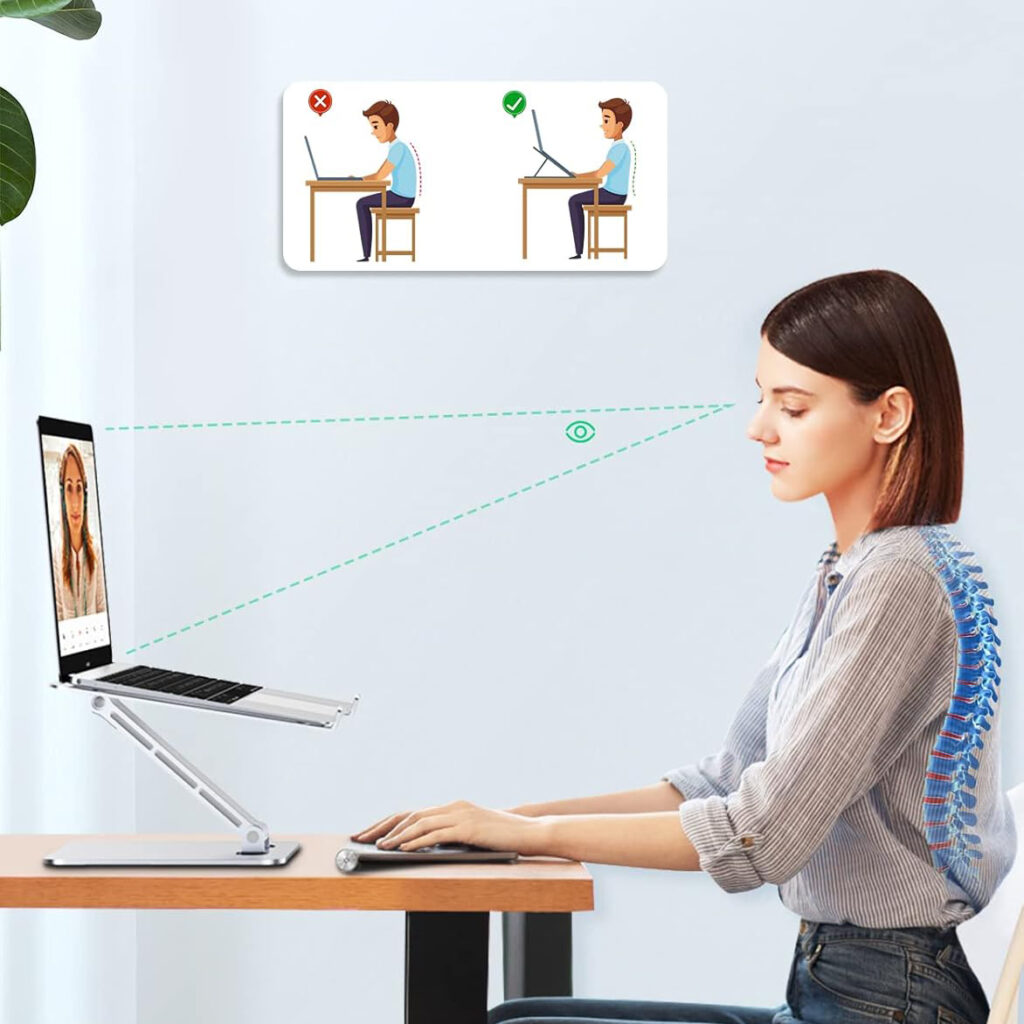 RIWUCT Foldable Laptop Stand, Height Adjustable Ergonomic Computer Stand for Desk, Aluminum Portable Laptop Riser Holder Mount Compatible with MacBook Pro 02