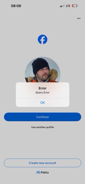 Facebook login error page on iOS mobile device.